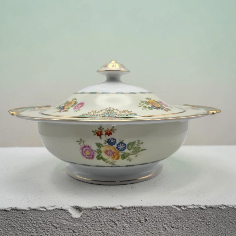 Vintage Meito Japan Yellow & Green Hand Painted Covered Soup / Casserole Dish
